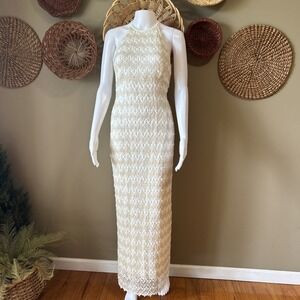 Ivory Metallic Gold Boho Beach Wedding Guest Maxi Dress Halter Top Lined Size 12